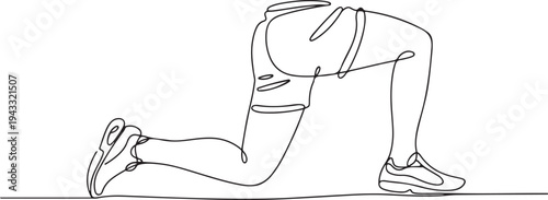 male legs in sneakers and shorts stand in profile, one leg raised - one line drawing. sports concept, running shoes, leg pain. one line Icon drawing