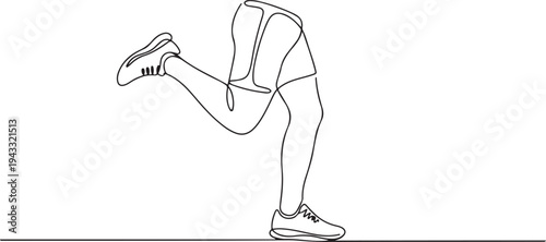 male legs in sneakers and shorts stand in profile, one leg raised - one line drawing. sports concept, running shoes, leg pain. one line Icon drawing