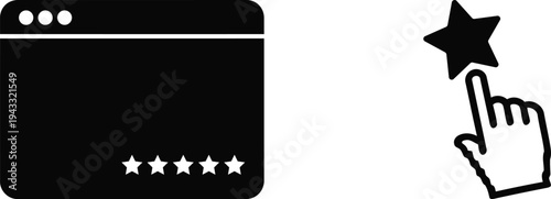 Silhouette of a hand rating a website with a star on white background