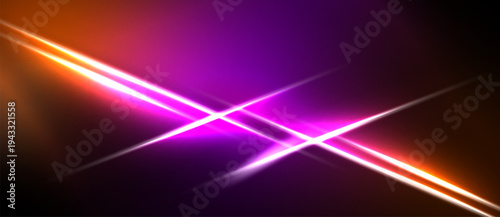 Bright neon lines intersect dark background. Vivid purple, orange hues create dynamic visual effect. Energy radiates from central point.