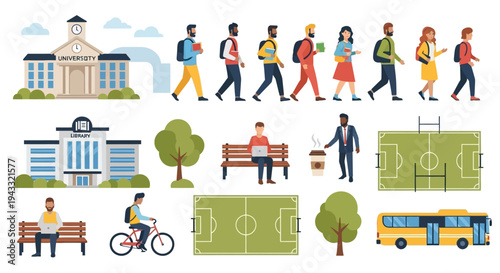 Colorful illustration depicting university life with students and campus elements