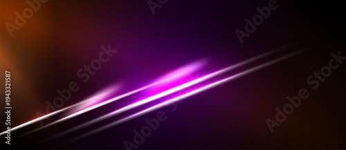 Abstract background features vibrant purple, orange gradients. Diagonal lines create dynamic light effect. Dark areas provide contrast.