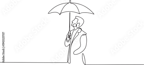 One continuous line art. A man holds an open umbrella above himself, he looks up from under him. Silhouette of a modern attractive man in a coat. one line Icon drawing