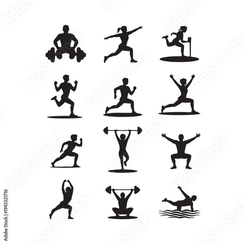 Black silhouette set of 12 sports activities exercise