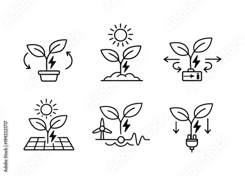 Collection of icons representing renewable energy generation and storage concepts