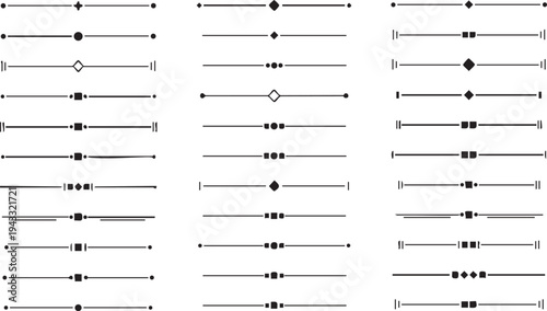 Set of black simple page dividers and text separators with various geometric shapes on transparent background for clean design