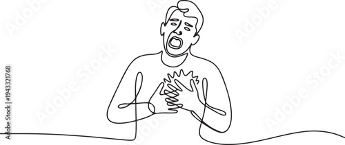 man is holding his heart with both hands, his mouth is wide open. One continuous line drawing concept of heart attack, for shortness of breath. one line Icon drawing