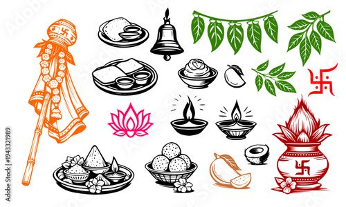 gudi padwa Indian festival celebration icons featuring traditional Diwali elements, a woman in saree, diyas, lotus, sweets, and sacred symbols in hand-drawn sketch style