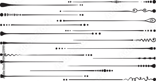 Collection of minimalist hand drawn lines with dots circles and spiral endings for modern layout design and creative typographic embellishments