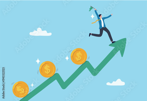 Investment growth, rising economic make money profit, earning or saving, wealth increase, income or growing revenue concept, businessman leading investment dollar money coin up on rising graph arrow