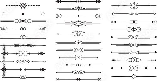 Decorative vector arrow dividers and scroll elements, vintage style line art for typography and page design projects