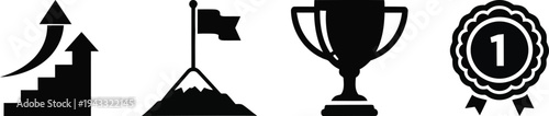 Silhouette icons of achievement and success symbols in black on white background