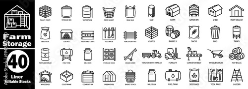 Farm storage icons. Featuring of a agricultural building and containers vector illustrator.