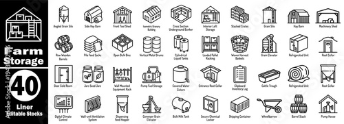 Farm storage icons. Collection of agricultural buildings and containers vector vector illustrator.