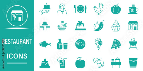 Restaurant icons set. Dining, meal, menu, business, cooking, fish, food delivery, meat, culinary, beverage, and more concept. Solid vector illustration.