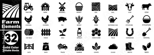 Livestock and farm element icons with tractor barn and garden tools vector illustrator.