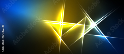 Abstract background features bright yellow, blue light streaks. Sharp lines create dynamic energy, contrasting dark space.