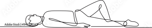 The full length male body lies on the floor. The concept of loss of strength, loss, fatigue, dead man, lose consciousness, fall, be defeated. one line Icon drawing