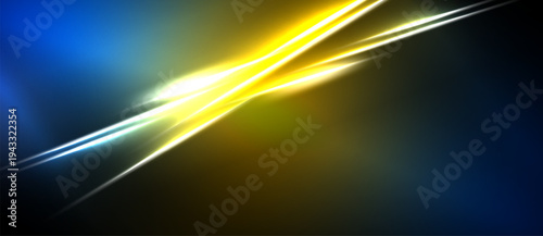 Abstract energy streaks, vibrant blue, yellow hues. Dynamic light effects create striking visual impact. Dark background emphasizes luminosity.