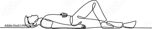 The full length male body lies on the floor. The concept of loss of strength, loss, fatigue, dead man, lose consciousness, fall, be defeated. one line Icon drawing