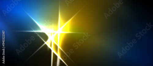 Bright light burst, vibrant colors blend. Blue, yellow gradients create dramatic effect. Intense glow radiates outward.
