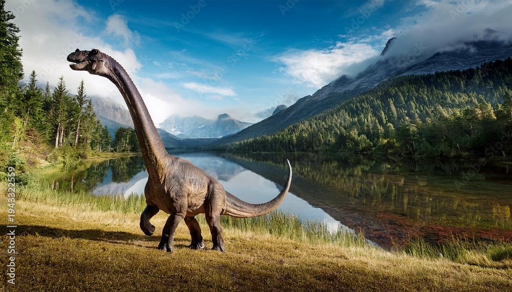 Fototapeta premium Nykwebasaurus Stands Majestically By Lakes And Mountains In A Primeval Forest Landscape