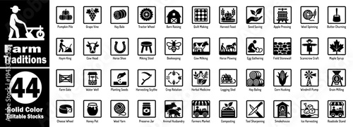 Farm traditions solid color editable stocks, agricultural heritage icon set vector illustrator.