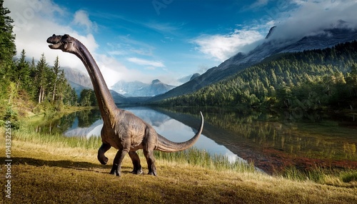 Nykwebasaurus Stands Majestically By Lakes And Mountains In A Primeval Forest Landscape