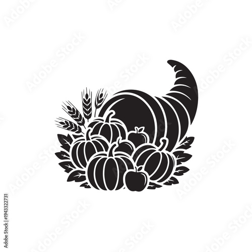 Bold black silhouette of cornucopia with fruits and vegetables