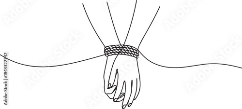 female hands tied with a rope on the wrists. one continuous line drawing concept of a prisoner in captivity, disability, loss of freedom, sit in prison. one line Icon drawing