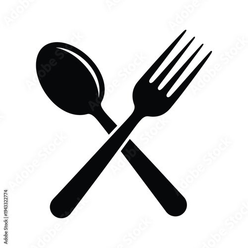 Black Silhouette of Crossed Spoon and Fork Icon on White Background