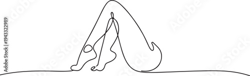 Female legs are lifted up and bent. Black outline on a white background. One continuous line art of female legs isolated. one line Icon drawing