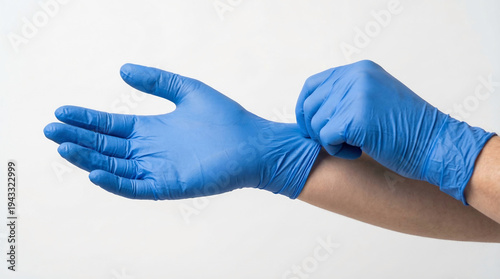 Person putting on blue latex gloves in a clean environment  