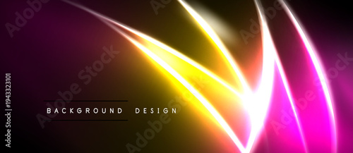 Abstract neon lines create vibrant gradient. Yellow, pink, purple hues dominate dark background. Modern design element.