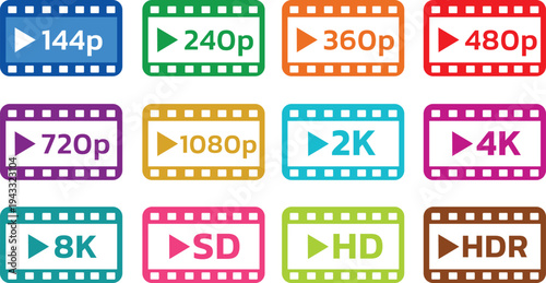 Set of video resolution and quality icons displaying 144p, 240p, 360p, 480p, 720p, 1080p, 2K, 4K, 8K, SD, HD, HDR symbols for digital media, streaming, and online playback.