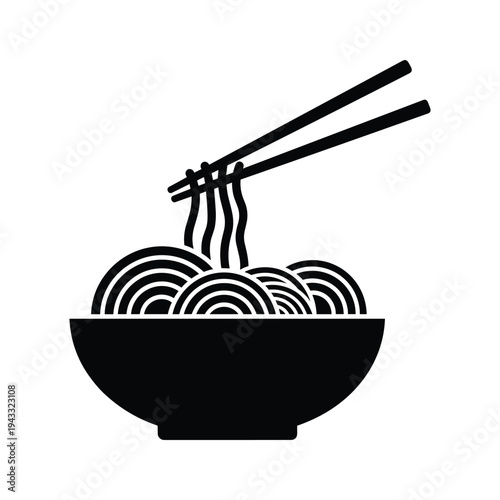 Black Silhouette Icon of Noodles in a Bowl with Chopsticks