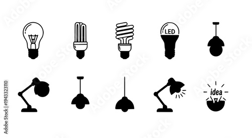 Light bulbs set with various designs and lamp icons featuring lighting, illumination, electric with energy and LED