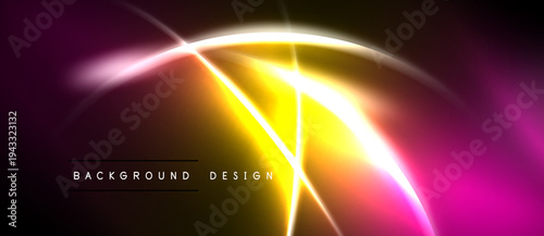 Abstract neon lights create vibrant curves, lines. Pink, yellow hues dominate dark background. Text reads background design.