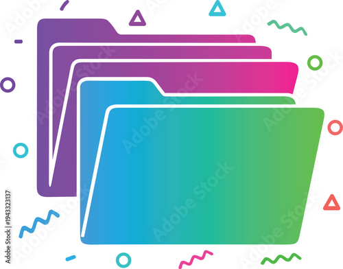 Gradient colored data folders with abstract memphis elements, representing organized digital storage, file management, and modern technology documentation vector icon