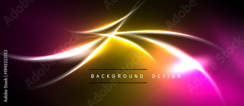 Abstract vibrant light streaks. Yellow, pink, white curves create dynamic energy. Dark background emphasizes glowing lines, modern design element.