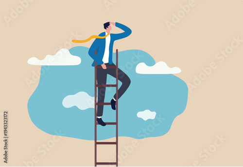 Ladder of success, vision to lead business to achieve goal or opportunity in career concept, smart confident businessman leader climb up to reach top of ladder high in the sky look forward to future