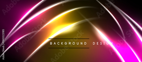 Abstract neon lines create dynamic gradient effect. Bright pink, gold hues dominate dark backdrop. Modern design element.