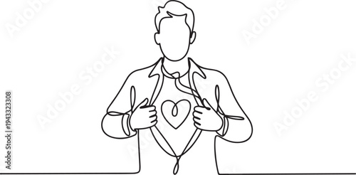a continuous line of art a man is standing opening his jacket, inside of which is a heart. The concept of an open heart, kindness, empathy, support, comfort. one line Icon drawing