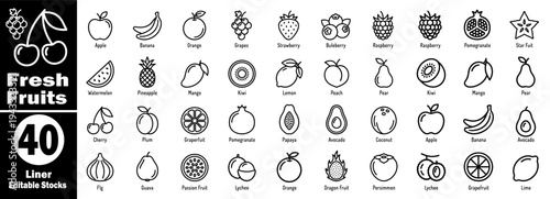 Fresh fruit liner editable stock icons. With forty different items, vector illustrator.