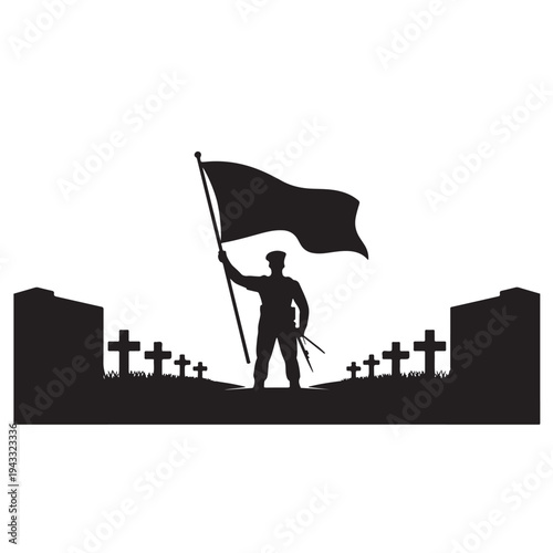 Minimalist black silhouette of soldier holding flag in cemetery