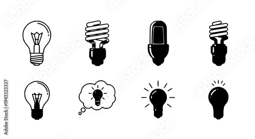 Light bulbs set with various designs and styles icon pack featuring bulb icons, bulb symbols, creative lighting with