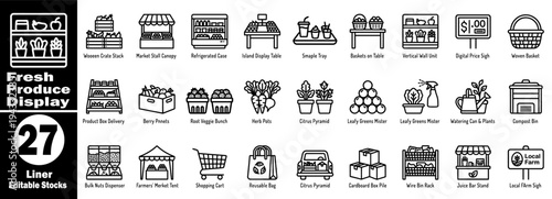 Fresh produce display liner icons. Supermarket and market stall vector illustrator.