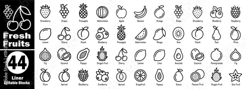 Fresh fruit liner editable stocks set. Forty-four outline icons vector illustrator.