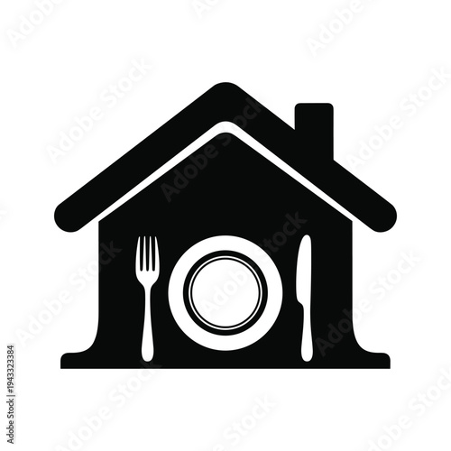 Home Dining Icon: House with Plate, Fork, and Knife Symbol