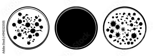 Petri dish set with solid black silhouette and clean circular edges featuring bacteria cultures, microbiology icon, vector graphic with white background and simple design